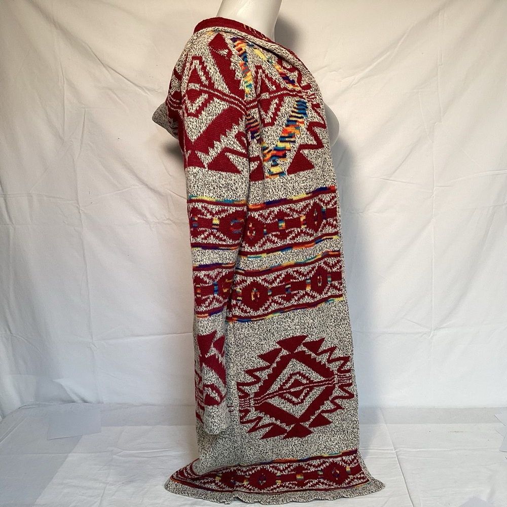 Aztec Southwestern Red and Gray Women's Hooded Cardigan Duster Northern Angel - Picture 6 of 13